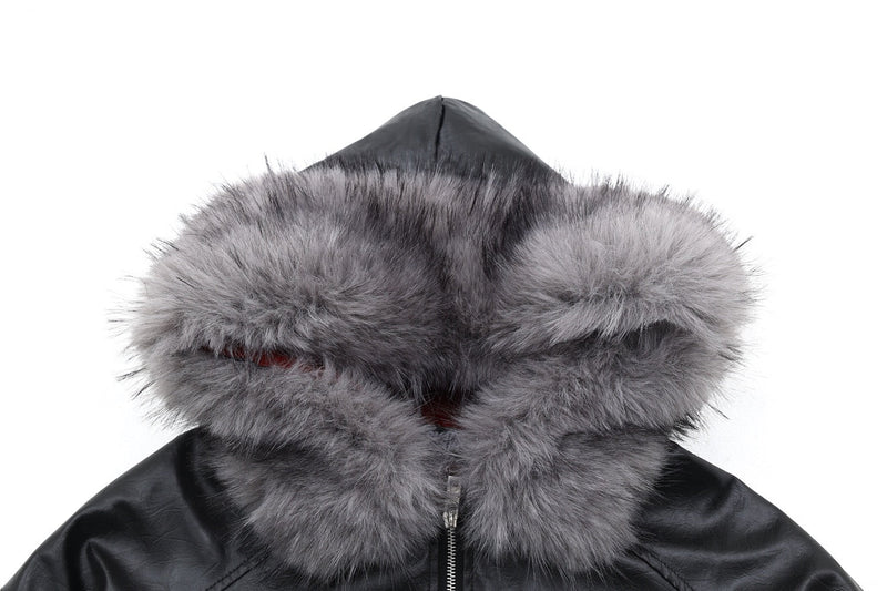 Cropped PU Leather Bomber Jacket with Oversized Faux-Fur Hood