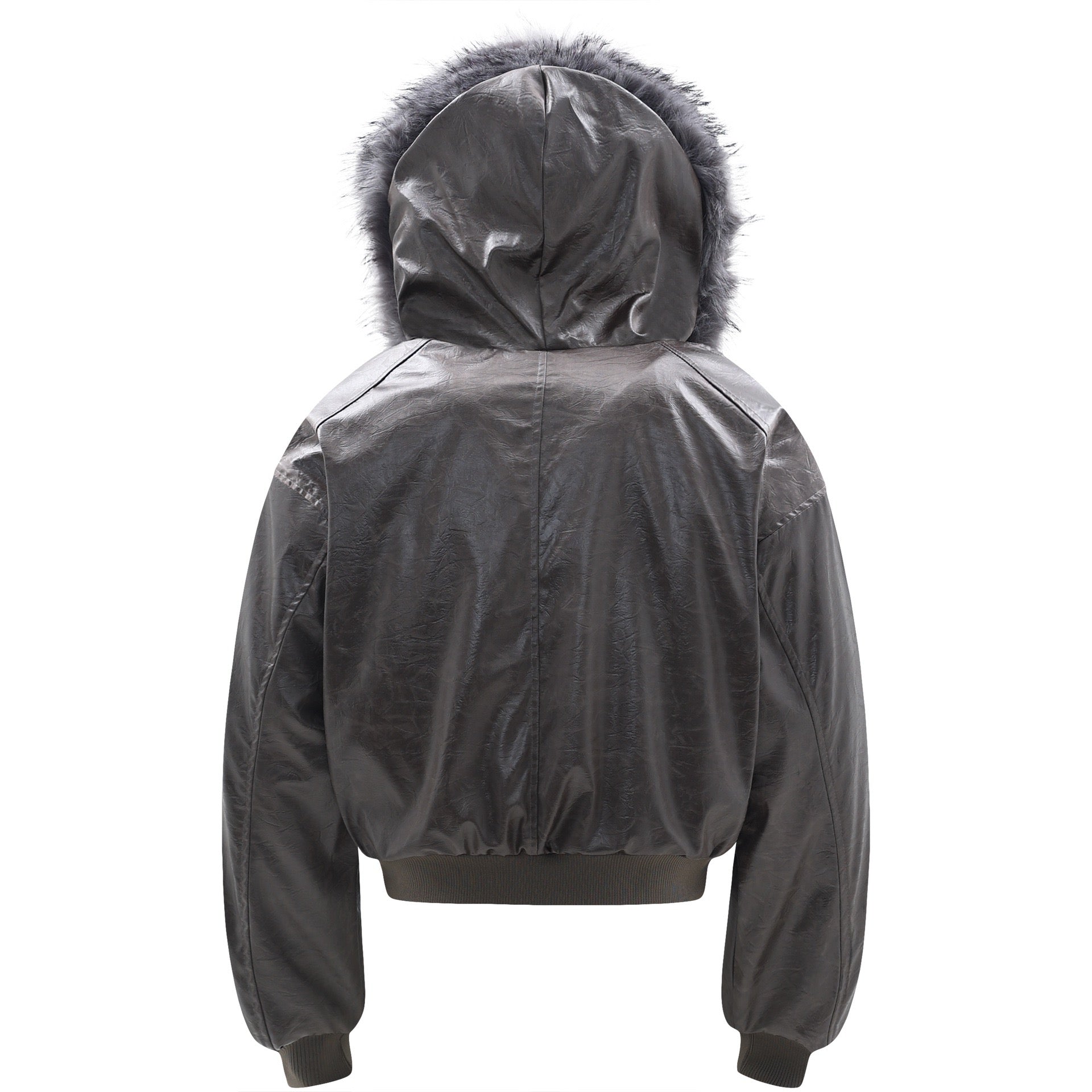 Cropped PU Leather Bomber Jacket with Oversized Faux-Fur Hood
