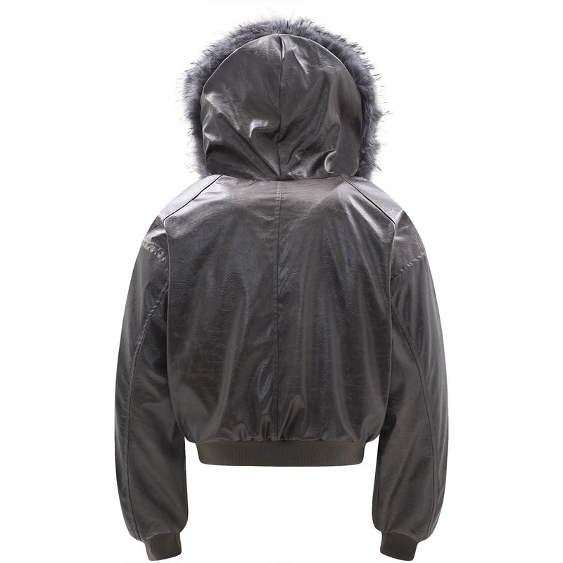 Cropped PU Leather Bomber Jacket with Oversized Faux-Fur Hood