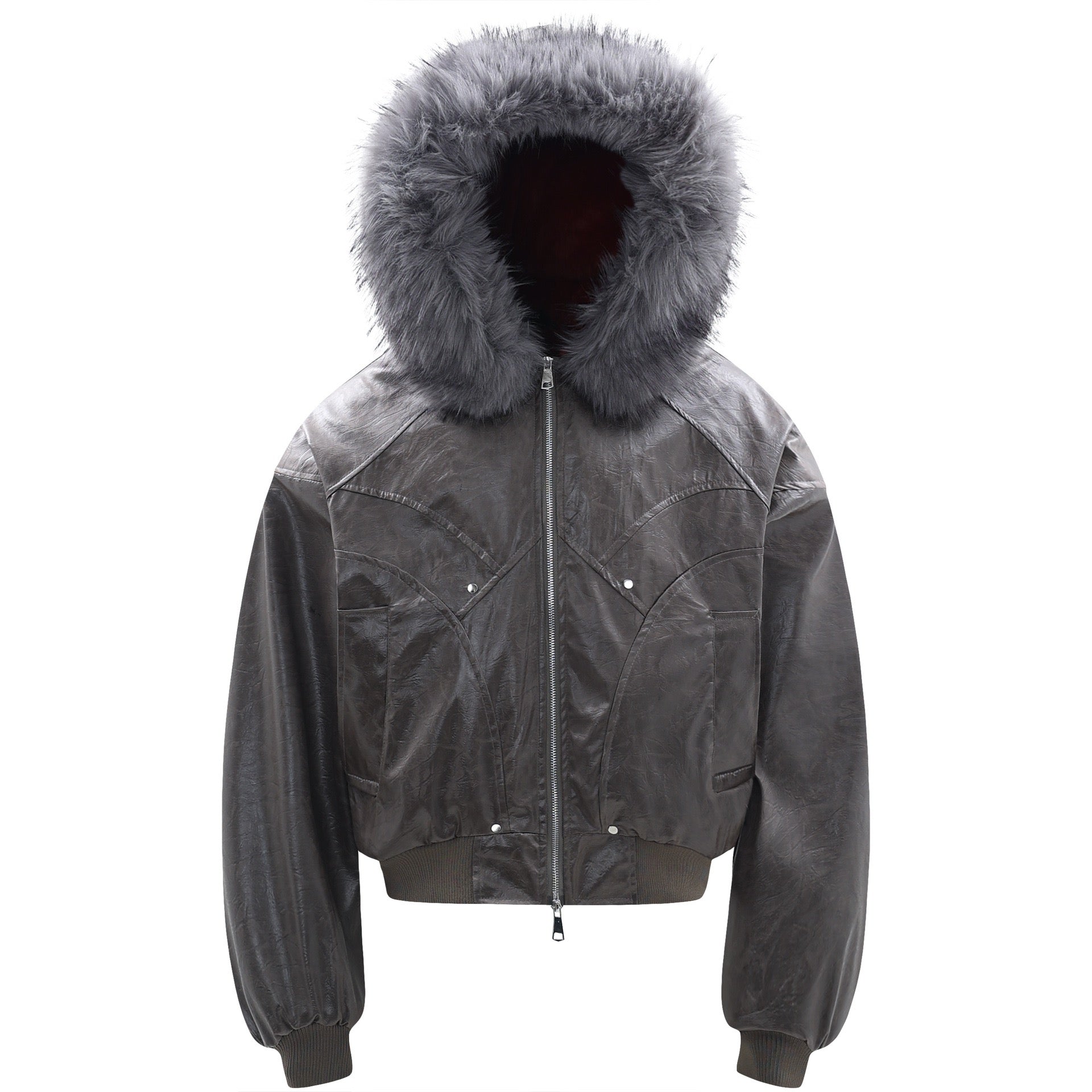 Cropped PU Leather Bomber Jacket with Oversized Faux-Fur Hood