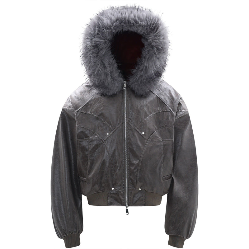 Cropped PU Leather Bomber Jacket with Oversized Faux-Fur Hood