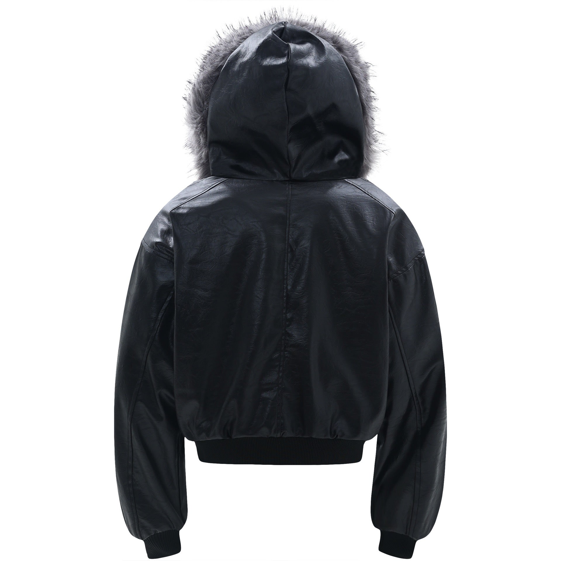 Cropped PU Leather Bomber Jacket with Oversized Faux-Fur Hood
