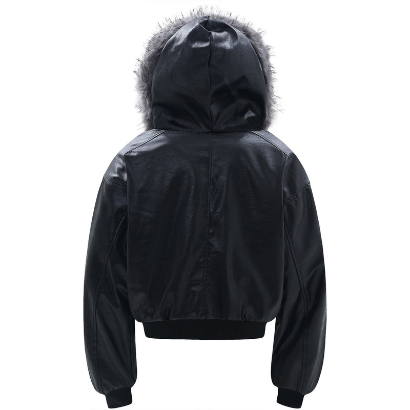 Cropped PU Leather Bomber Jacket with Oversized Faux-Fur Hood