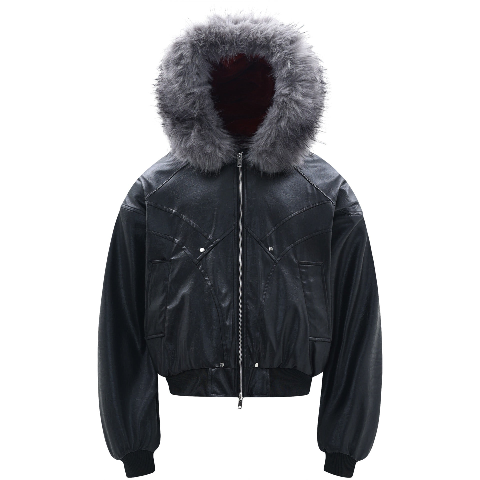 Front view of a cropped black PU leather bomber jacket with an oversized grey faux-fur trimmed hood and silver zip closure