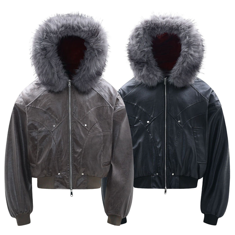 Cropped PU Leather Bomber Jacket with Oversized Faux-Fur Hood