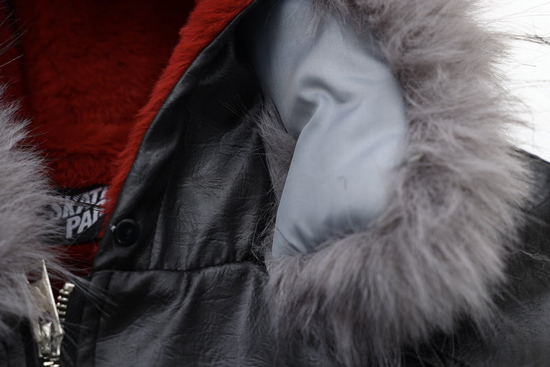 Cropped PU Leather Bomber Jacket with Oversized Faux-Fur Hood