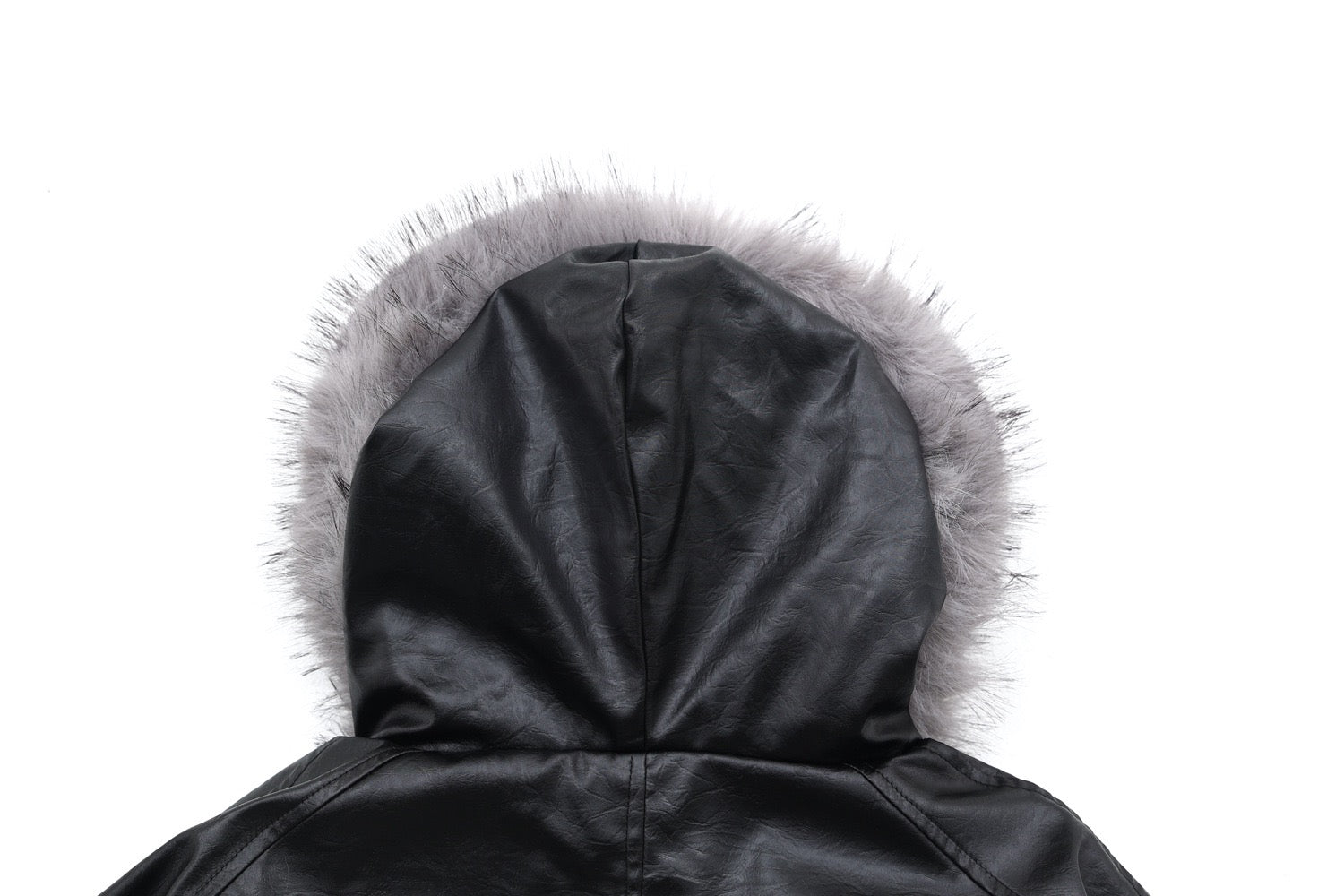 Cropped PU Leather Bomber Jacket with Oversized Faux-Fur Hood