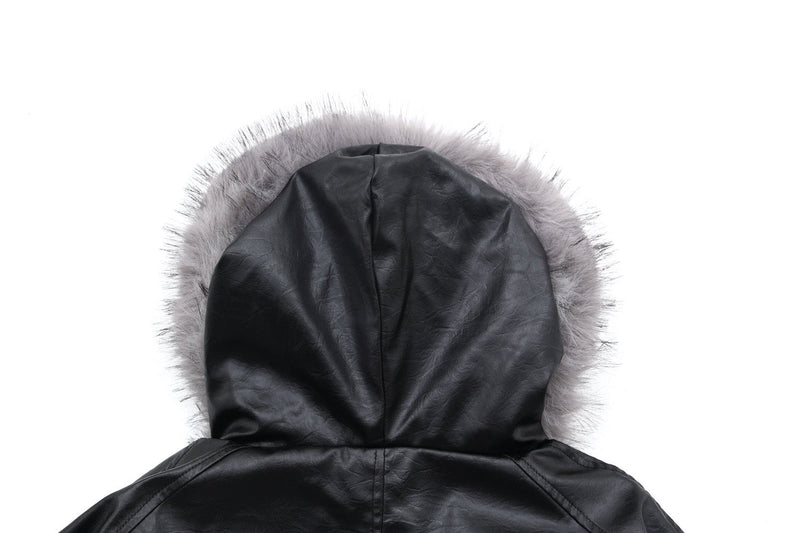 Cropped PU Leather Bomber Jacket with Oversized Faux-Fur Hood