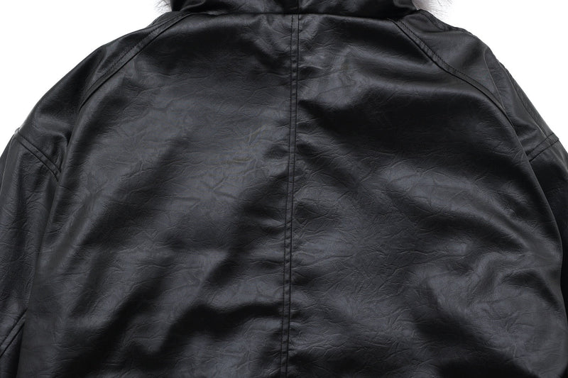 Cropped PU Leather Bomber Jacket with Oversized Faux-Fur Hood