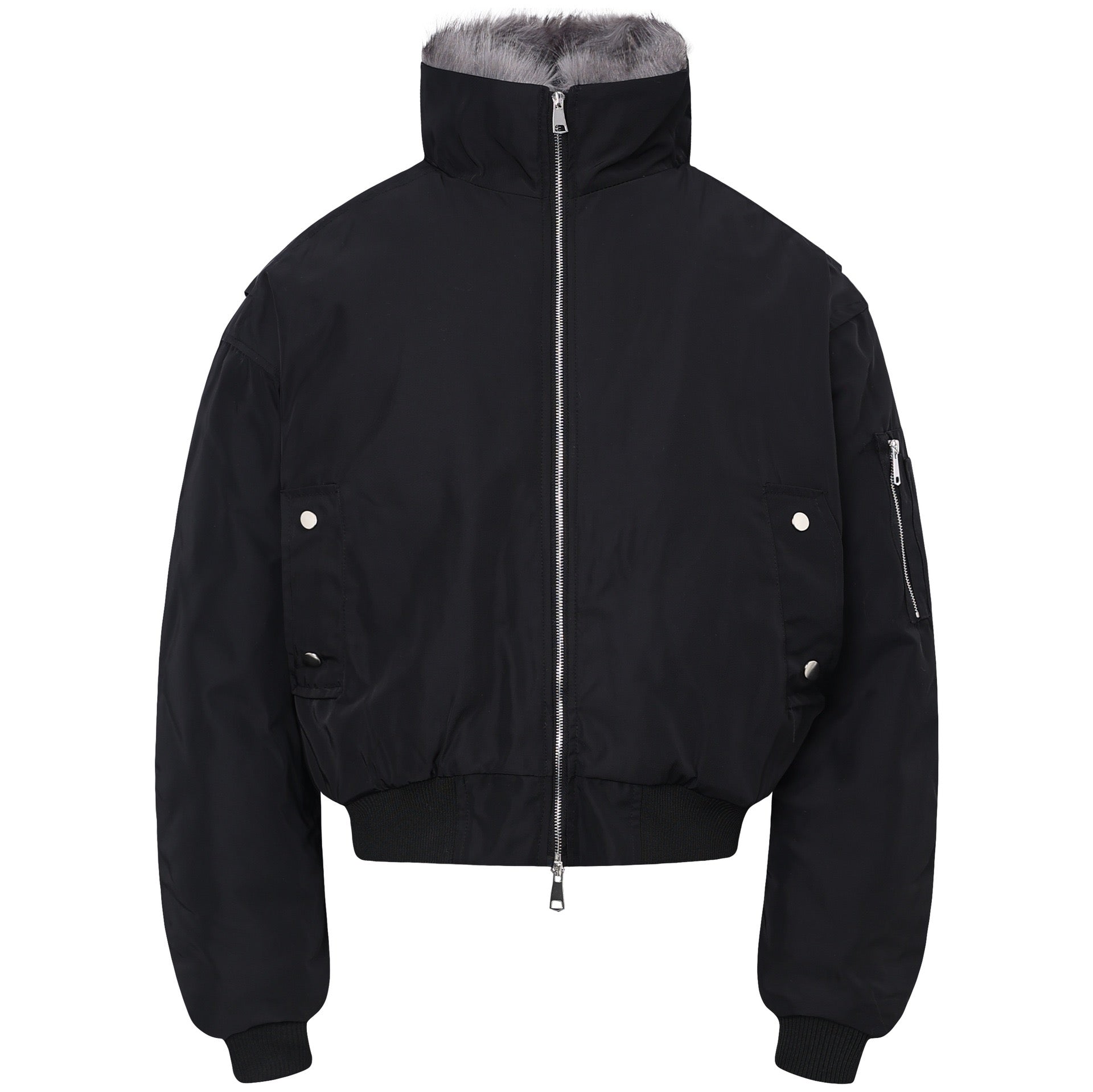 Black cropped bomber jacket with grey faux fur stand collar, front zip, snap pockets, and ribbed cuffs