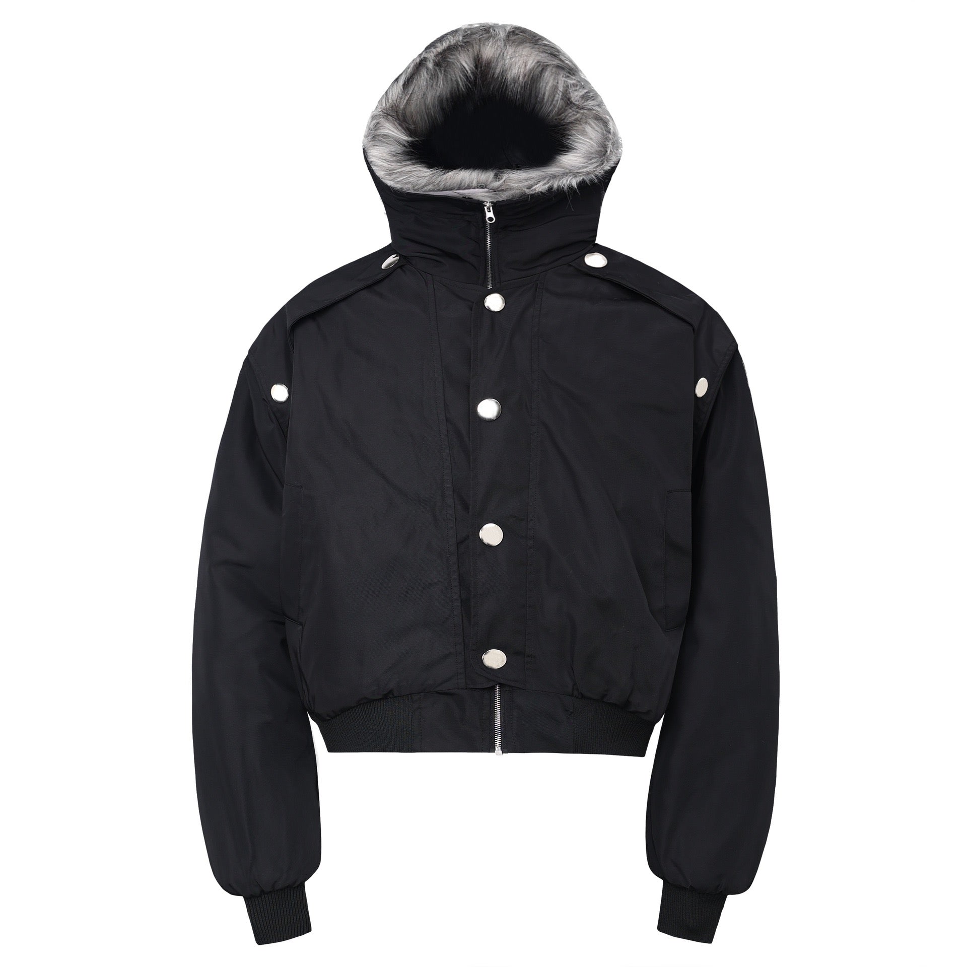 Black cropped bomber jacket with fur-lined hood, silver snap buttons, and ribbed cuffs on a white background