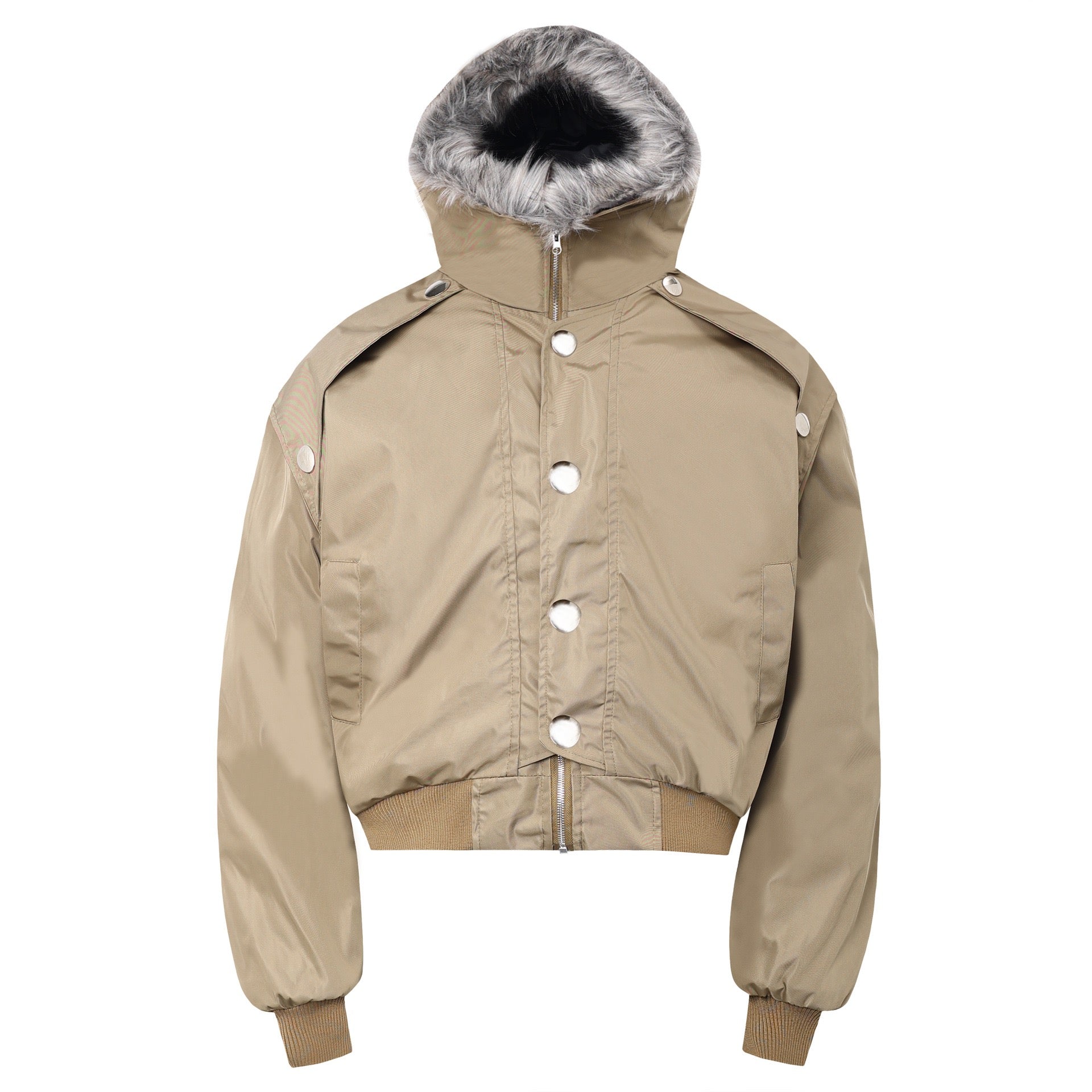 Fur-Lined Hooded Snap Bomber Jacket | Cropped Streetwear