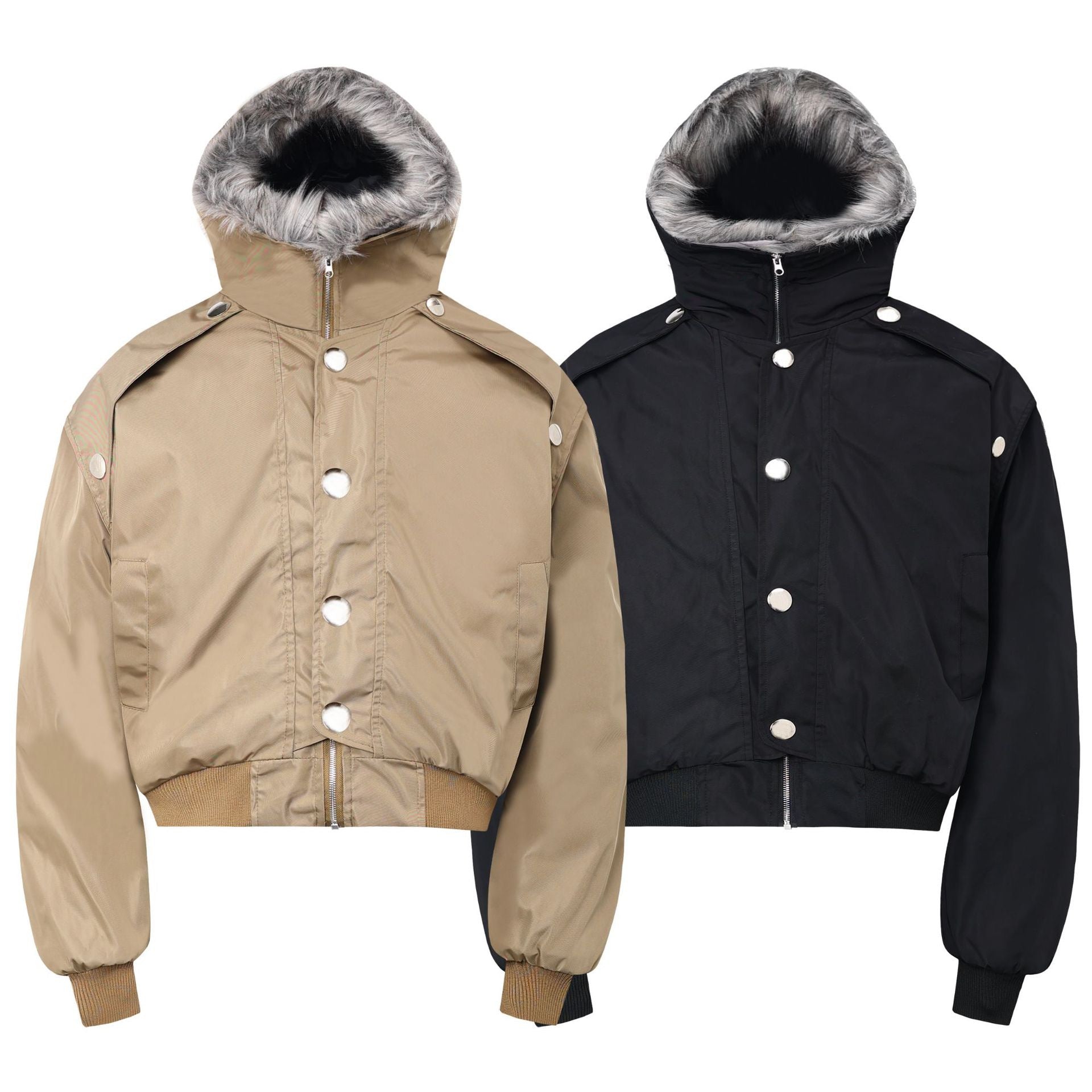 Fur-Lined Hooded Snap Bomber Jacket | Cropped Streetwear