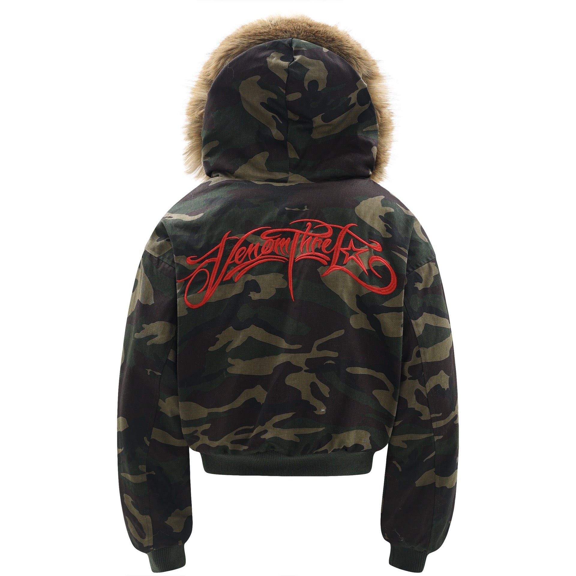 Camo Faux-Fur Hooded Bomber Jacket with Red Embroidery