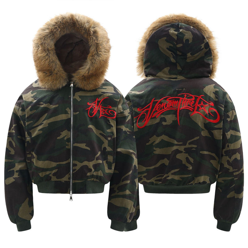 Camo Faux-Fur Hooded Bomber Jacket with Red Embroidery