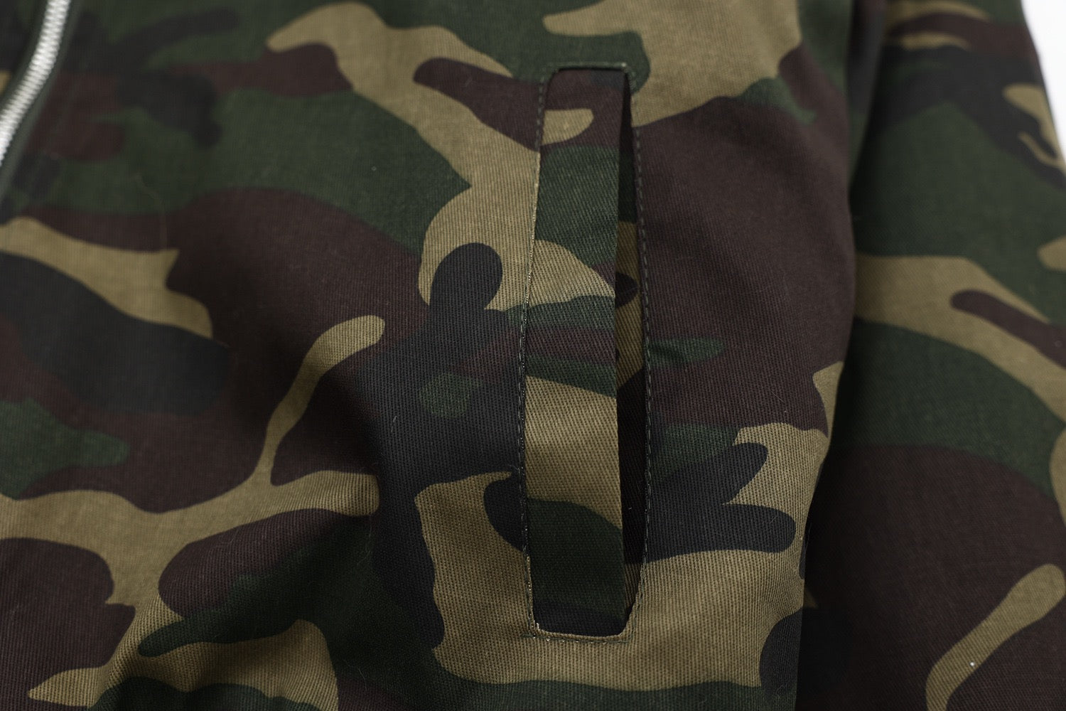 Camo Faux-Fur Hooded Bomber Jacket with Red Embroidery