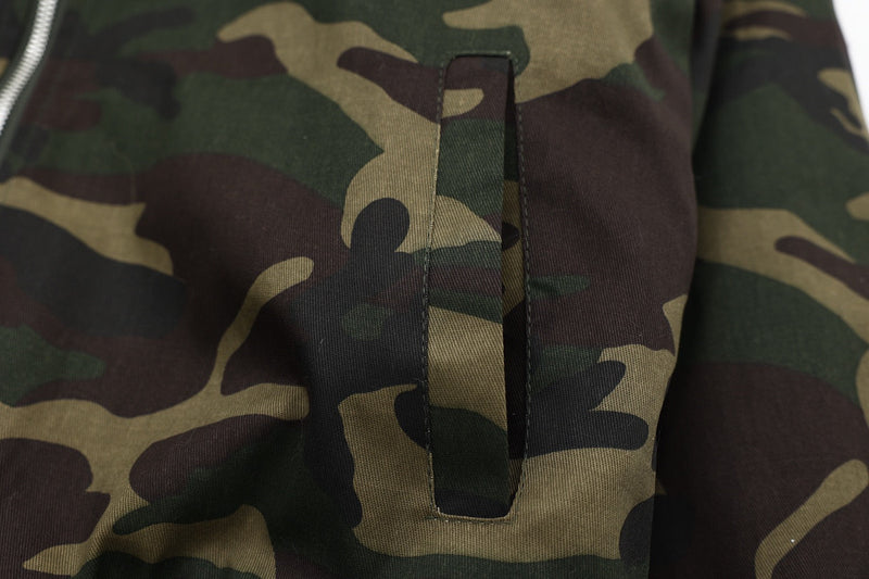 Camo Faux-Fur Hooded Bomber Jacket with Red Embroidery