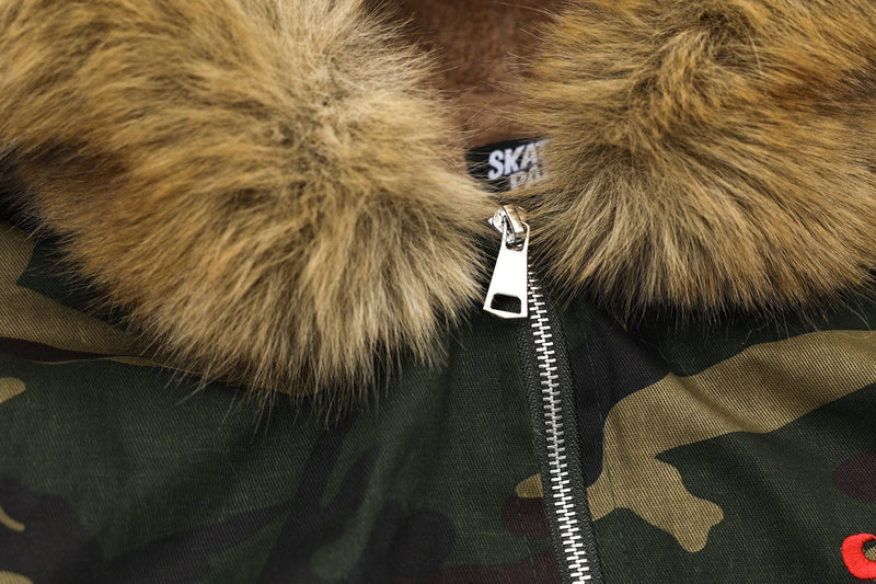 Camo Faux-Fur Hooded Bomber Jacket with Red Embroidery