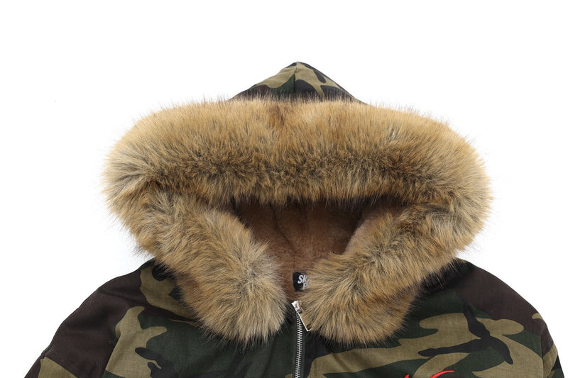 Camo Faux-Fur Hooded Bomber Jacket with Red Embroidery