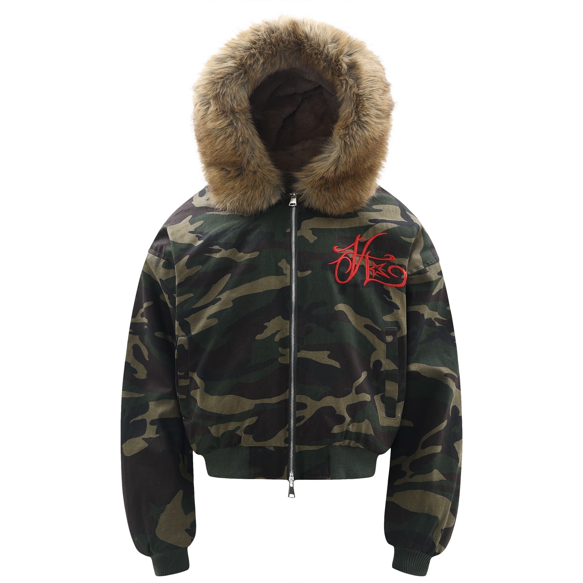 Front view of a woodland camo bomber jacket with faux-fur hood trim and red script embroidery on the chest