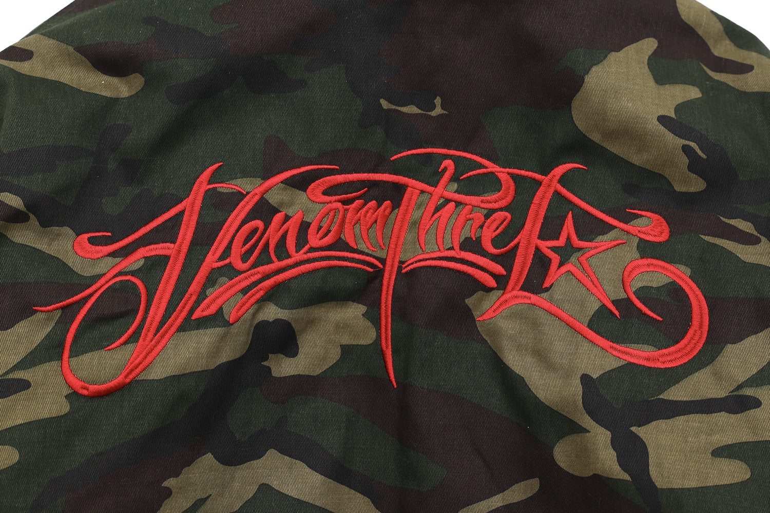 Camo Faux-Fur Hooded Bomber Jacket with Red Embroidery