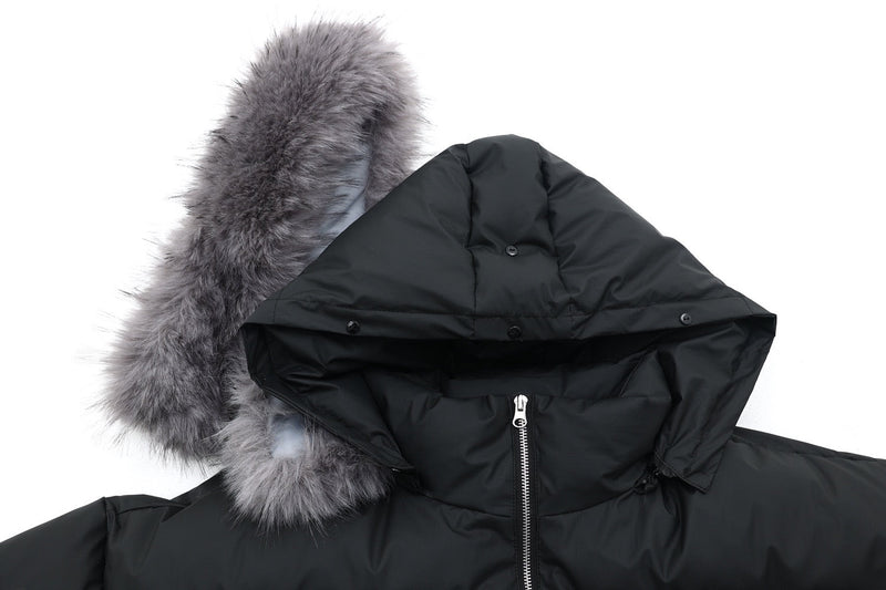 Faux-Fur Hood Puffer Jacket with Bold Red Embroidery