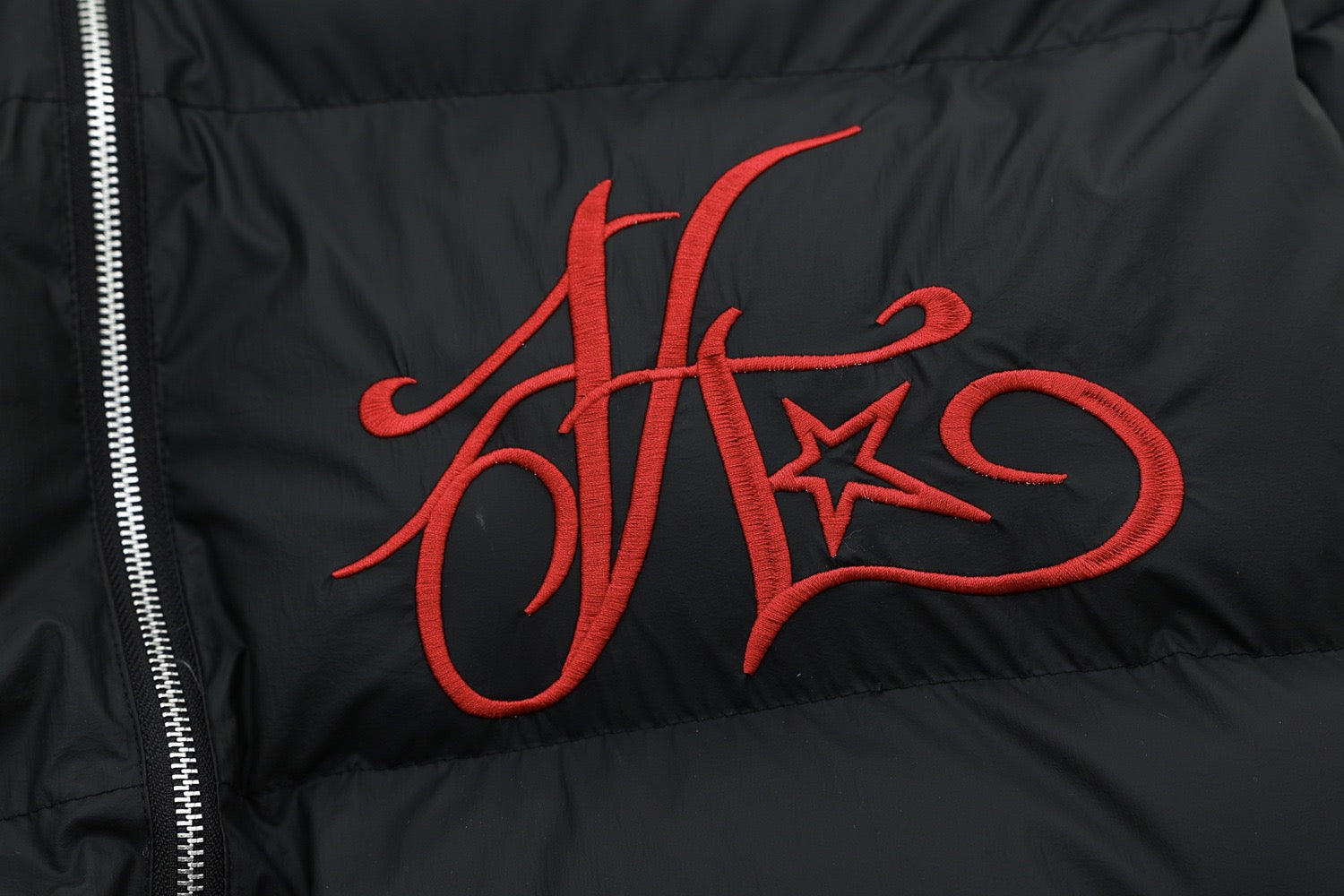 Faux-Fur Hood Puffer Jacket with Bold Red Embroidery