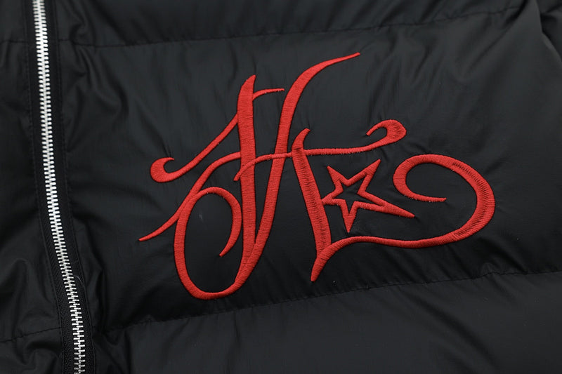 Faux-Fur Hood Puffer Jacket with Bold Red Embroidery