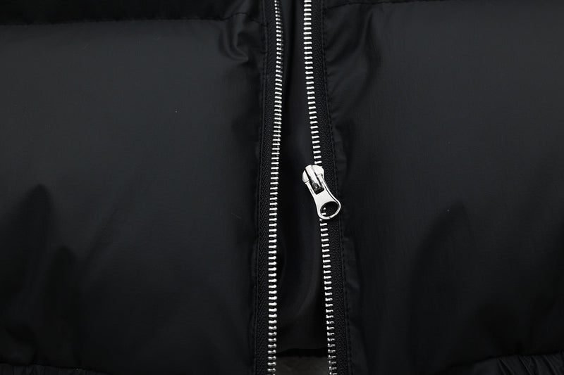 Faux-Fur Hood Puffer Jacket with Bold Red Embroidery