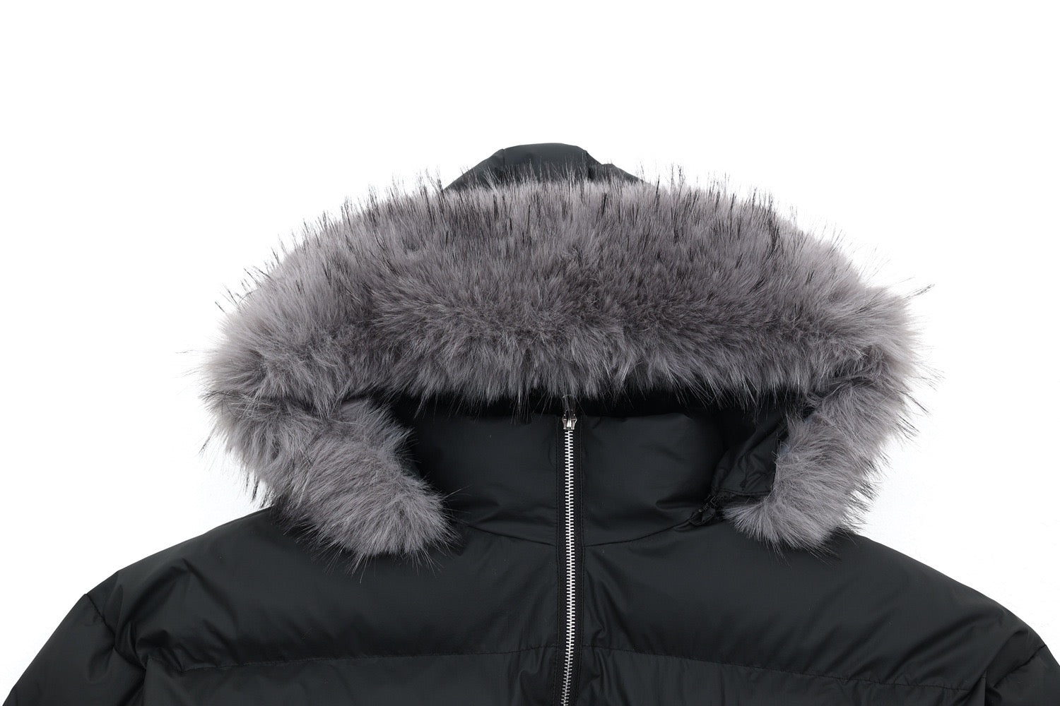 Faux-Fur Hood Puffer Jacket with Bold Red Embroidery