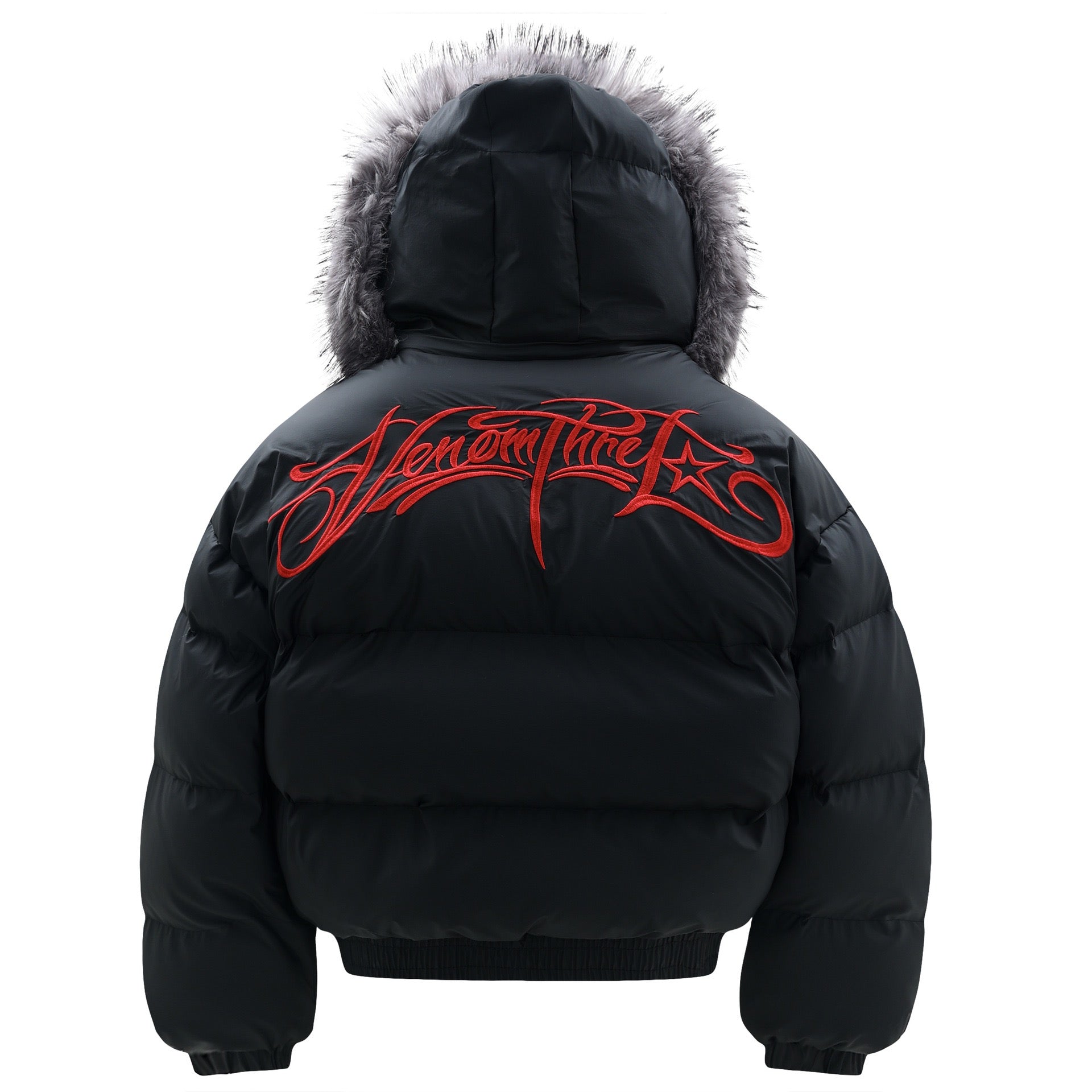 Faux-Fur Hood Puffer Jacket with Bold Red Embroidery