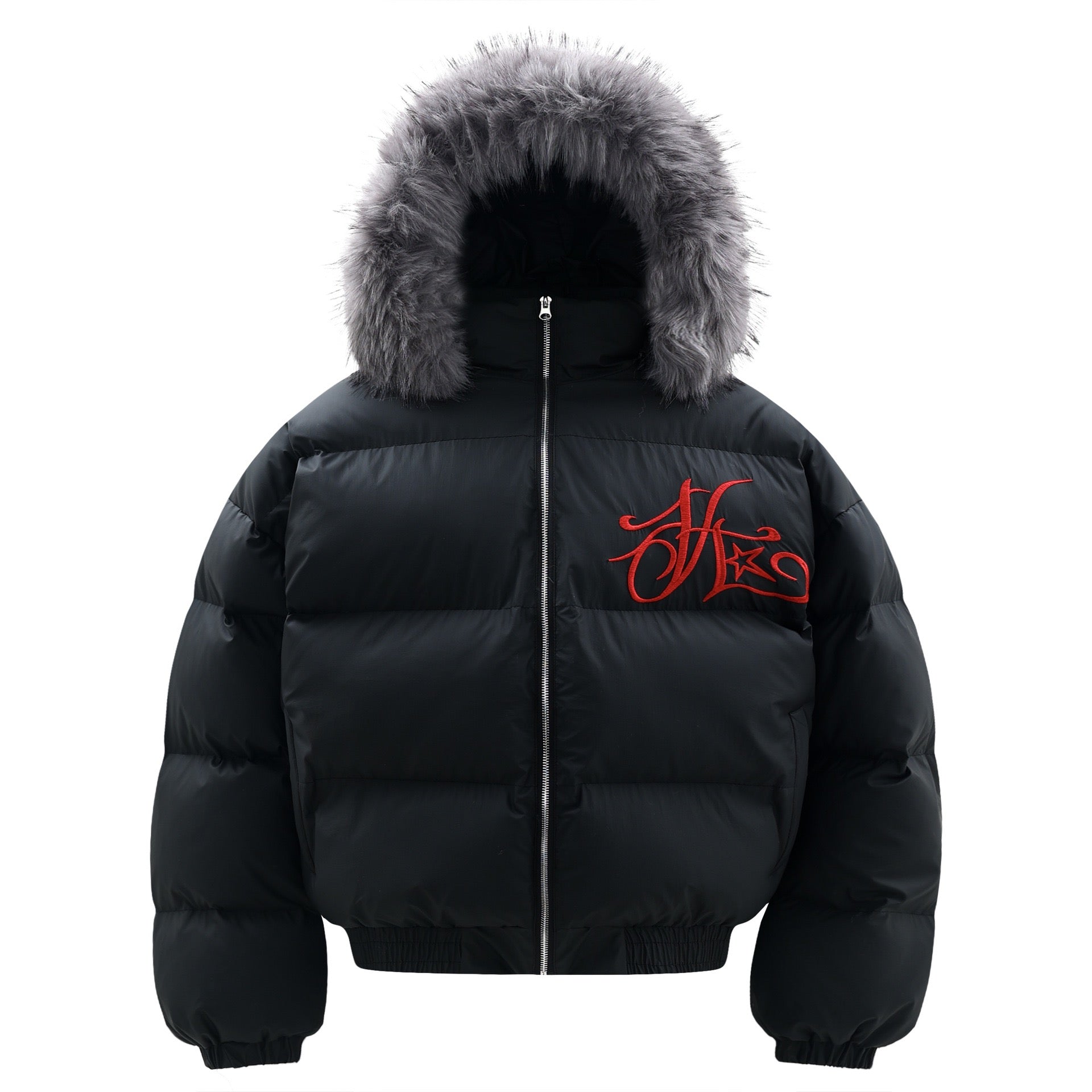 Black oversized puffer jacket with grey faux-fur hood and red gothic embroidery on the chest, front view