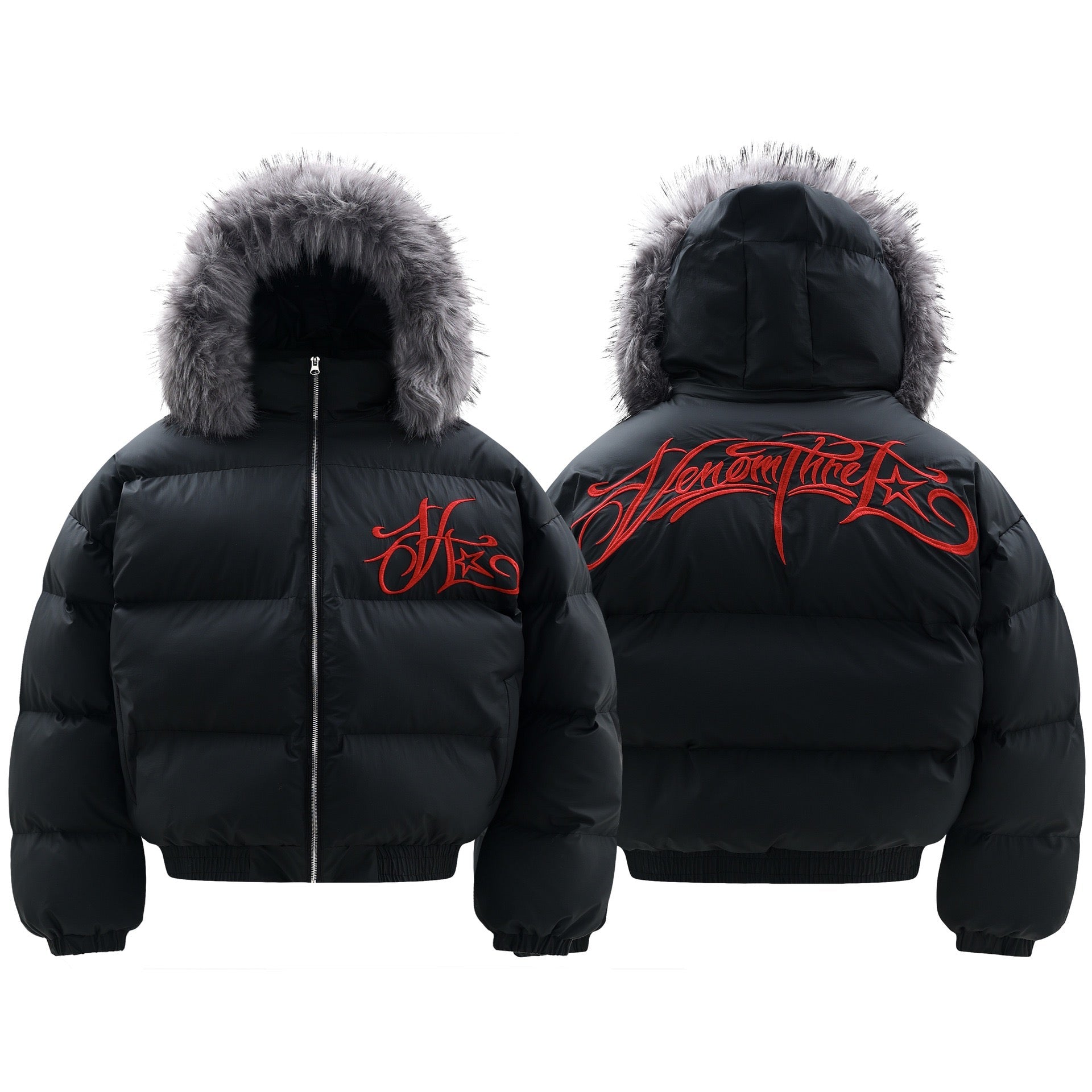 Faux-Fur Hood Puffer Jacket with Bold Red Embroidery