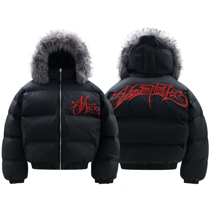 Faux-Fur Hood Puffer Jacket with Bold Red Embroidery