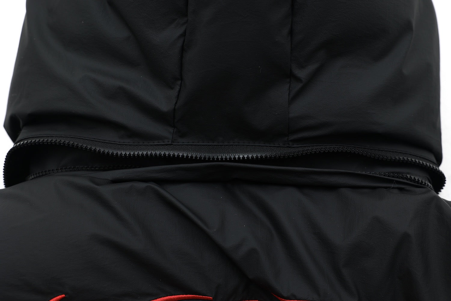 Faux-Fur Hood Puffer Jacket with Bold Red Embroidery