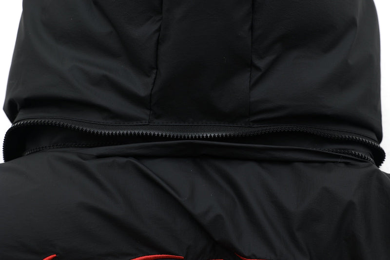 Faux-Fur Hood Puffer Jacket with Bold Red Embroidery