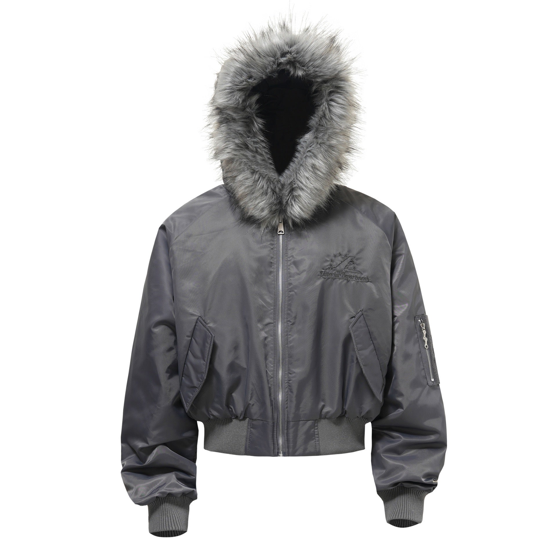 Grey cropped nylon bomber jacket with oversized faux fur-trim hood, front zip closure, and zippered sleeve pocket