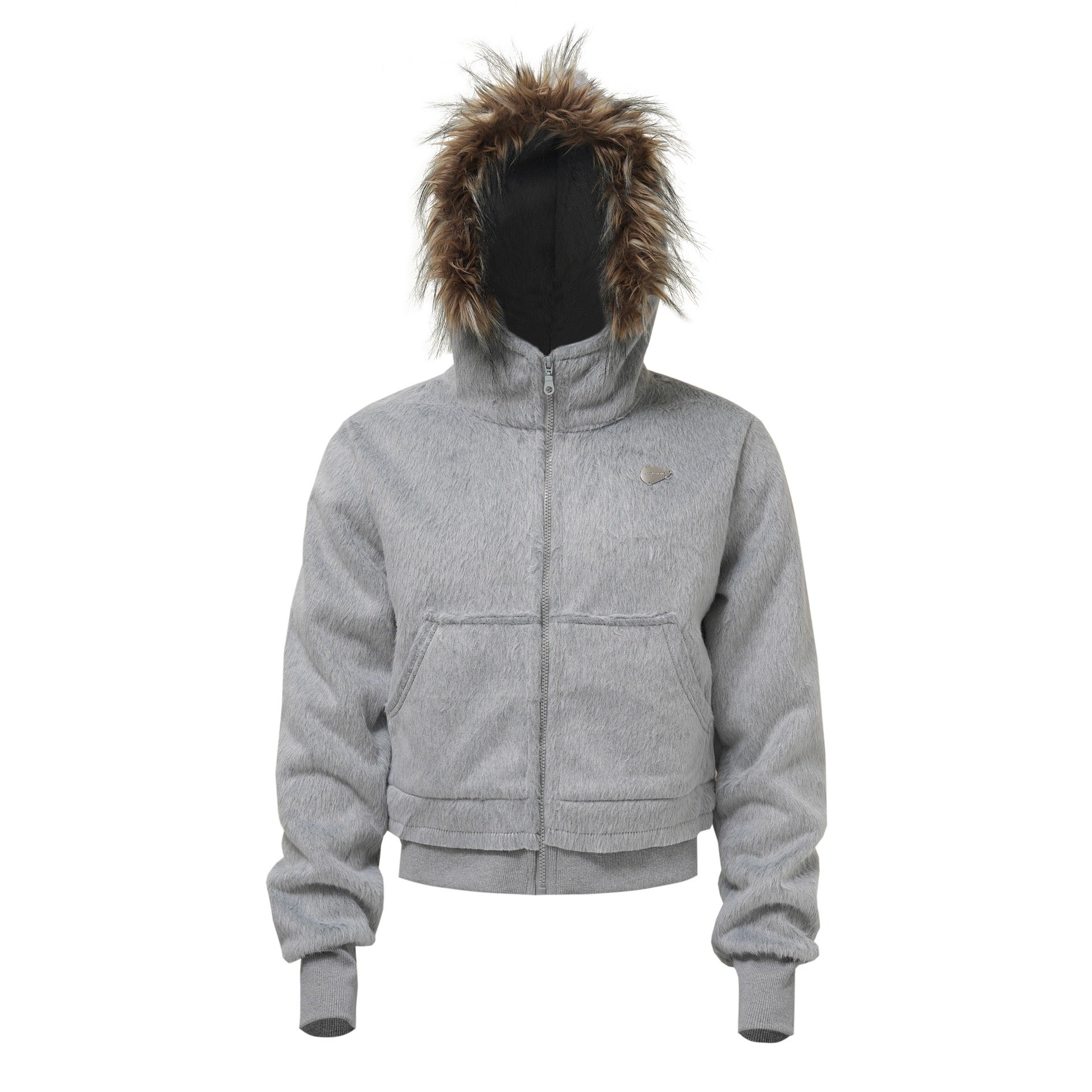 Women's grey cropped fleece zip-up jacket with oversized faux fur-trimmed hood, ribbed cuffs and hem, displayed on a mannequi