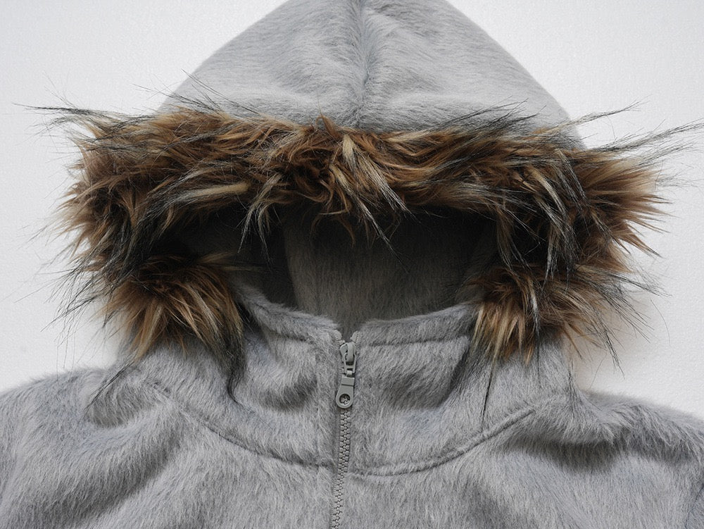 Omirad Fur-Hood Cropped Fleece Jacket | Women's Streetwear