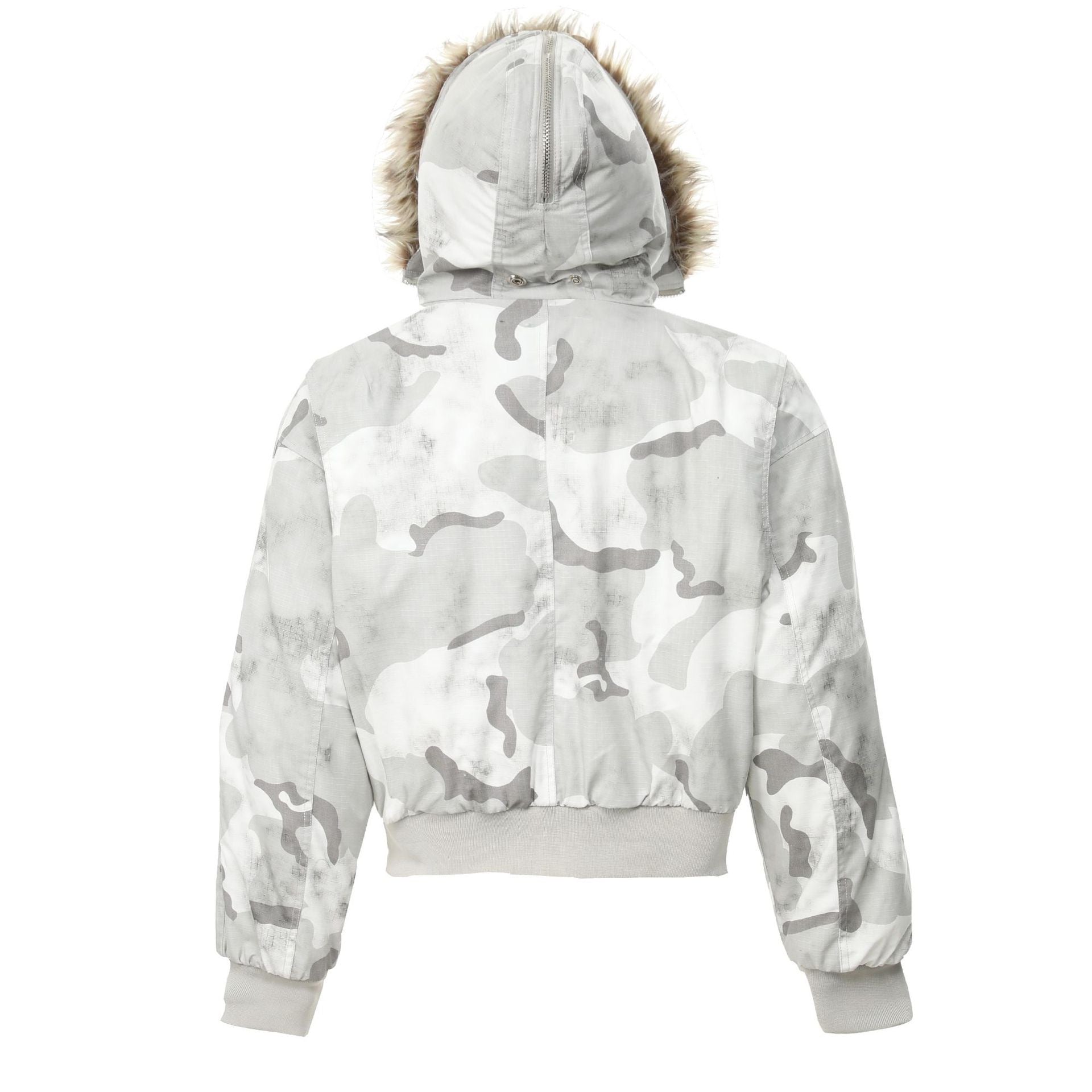 Arctic Snow Camo Bomber Jacket with Fur-Trim Hood