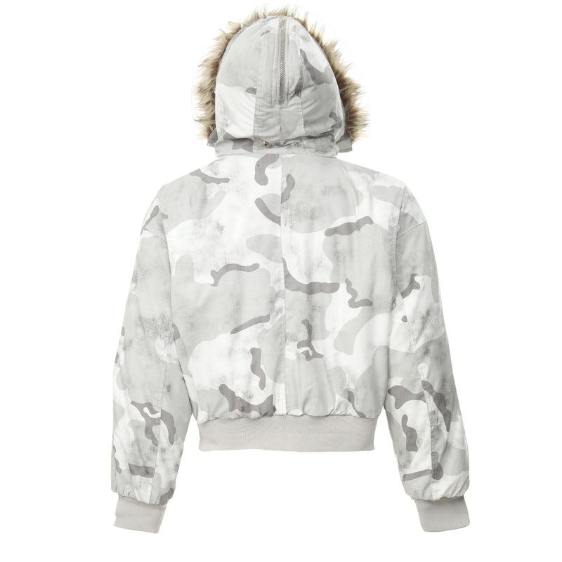Arctic Snow Camo Bomber Jacket with Fur-Trim Hood