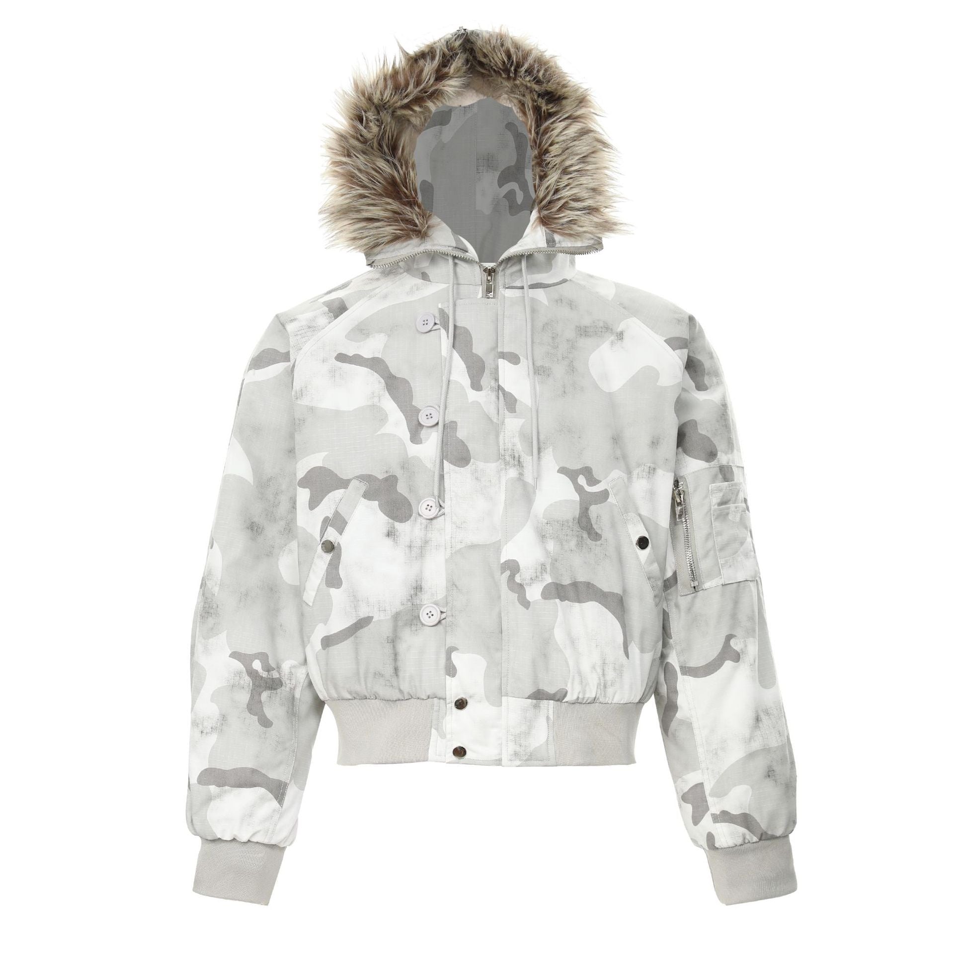 Front view of a cropped white and grey snow camouflage bomber jacket with oversized faux fur-trim hood and button zip closure