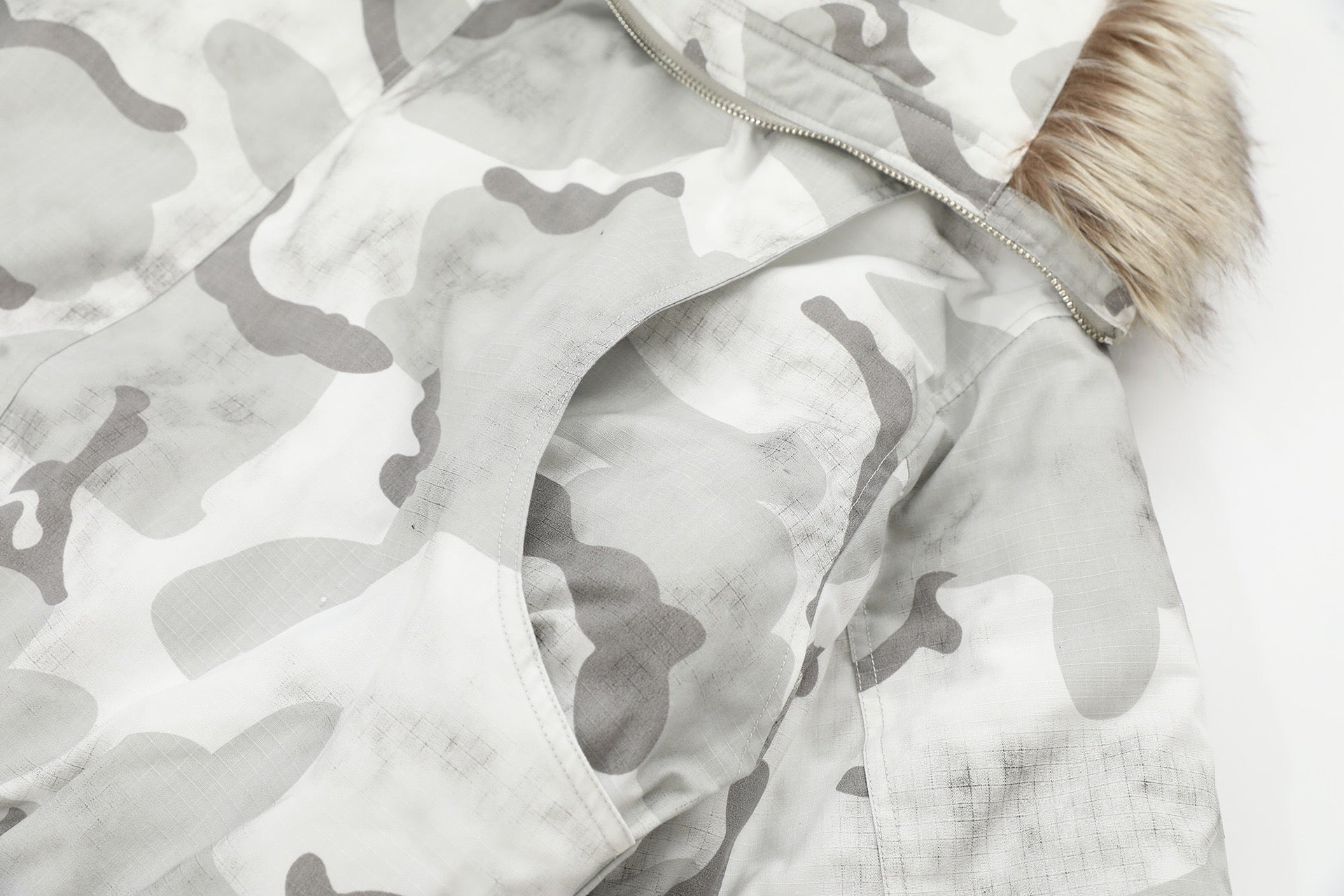 Arctic Snow Camo Bomber Jacket with Fur-Trim Hood