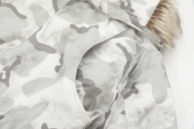 Arctic Snow Camo Bomber Jacket with Fur-Trim Hood