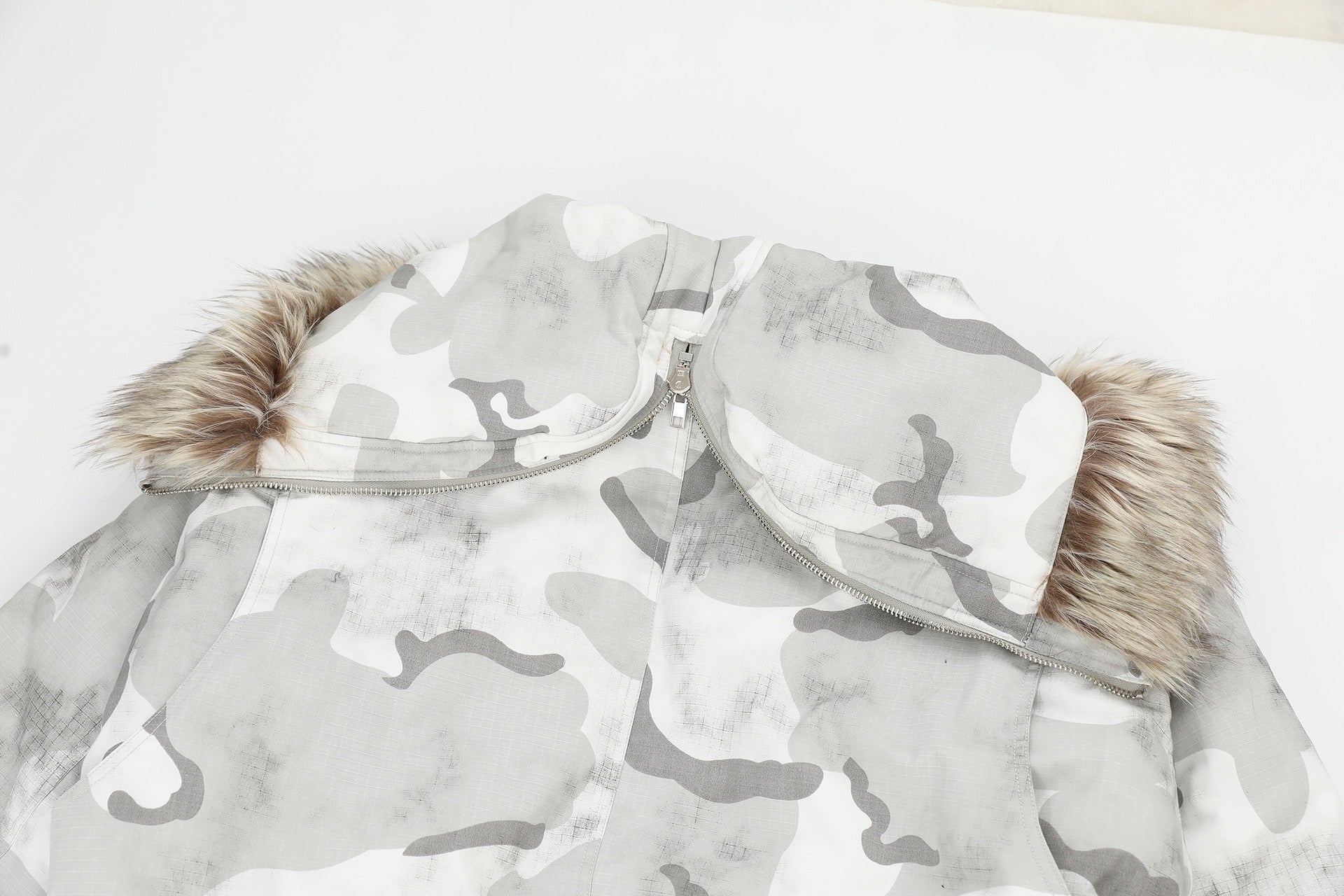Arctic Snow Camo Bomber Jacket with Fur-Trim Hood