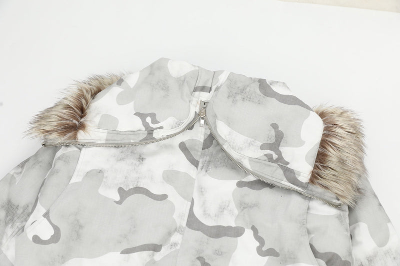 Arctic Snow Camo Bomber Jacket with Fur-Trim Hood