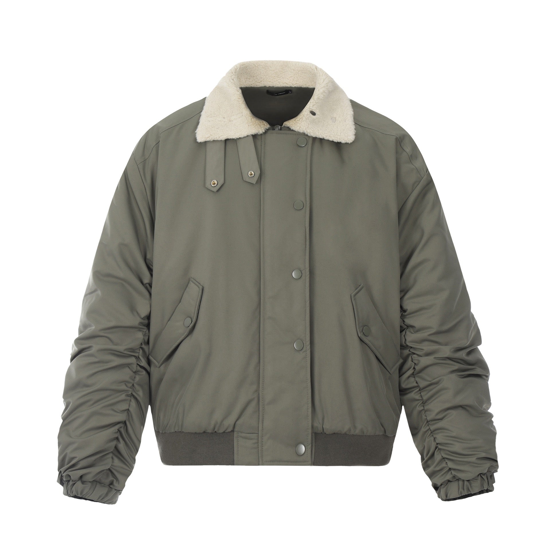 Front view of an olive green sherpa collar utility bomber jacket with snap buttons, ruched sleeves and ribbed hem