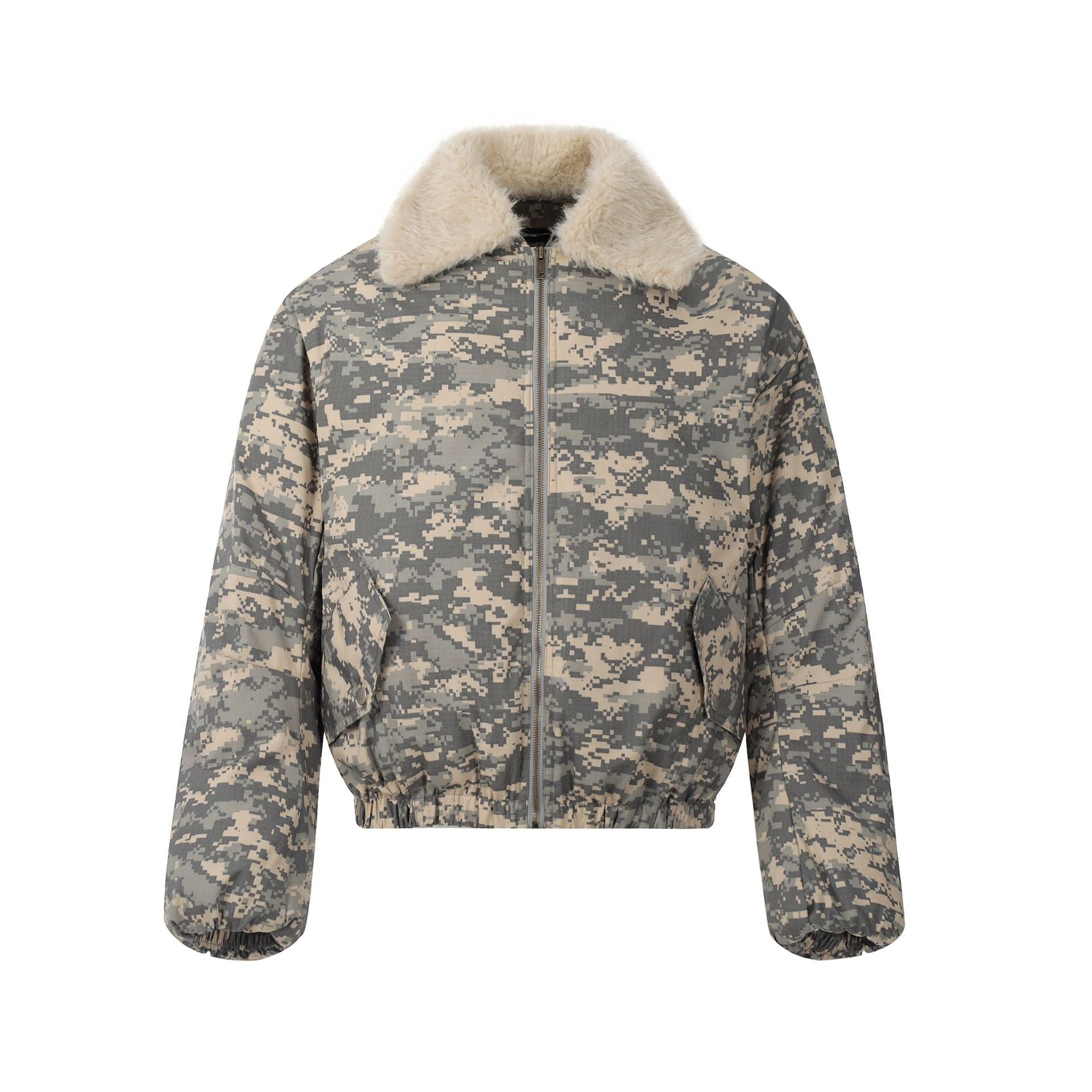 Front view of a cropped digital camouflage bomber jacket with a cream faux sherpa collar and full-zip closure