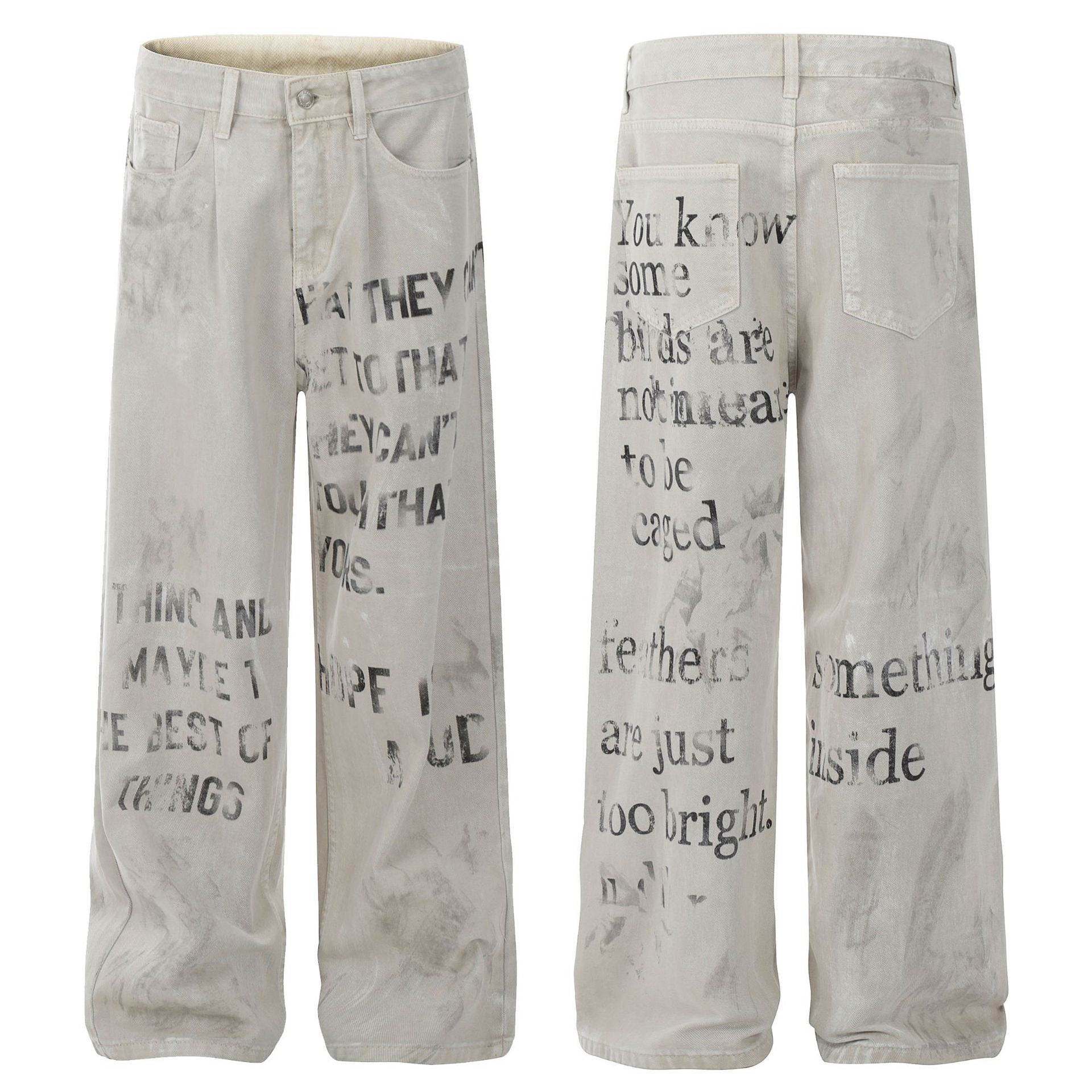Distressed Text Print Straight-Leg Denim Pants | Omirad