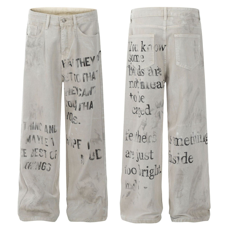 Distressed Text Print Straight-Leg Denim Pants | Omirad